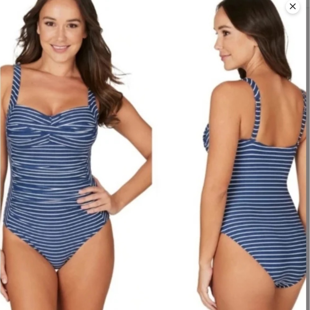Niptuck Navy Ahoy Foil Joanne Twist Front Tummy Control One Piece swimsuit 10